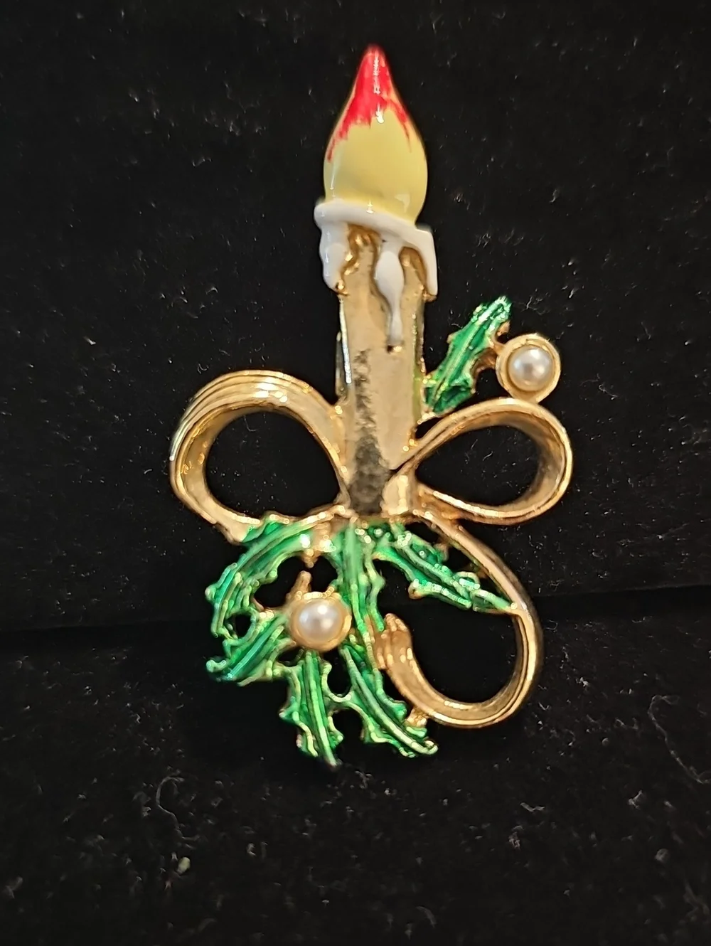 Gold-Tone Holiday Candle Brooch with Green Holly and Red Flame